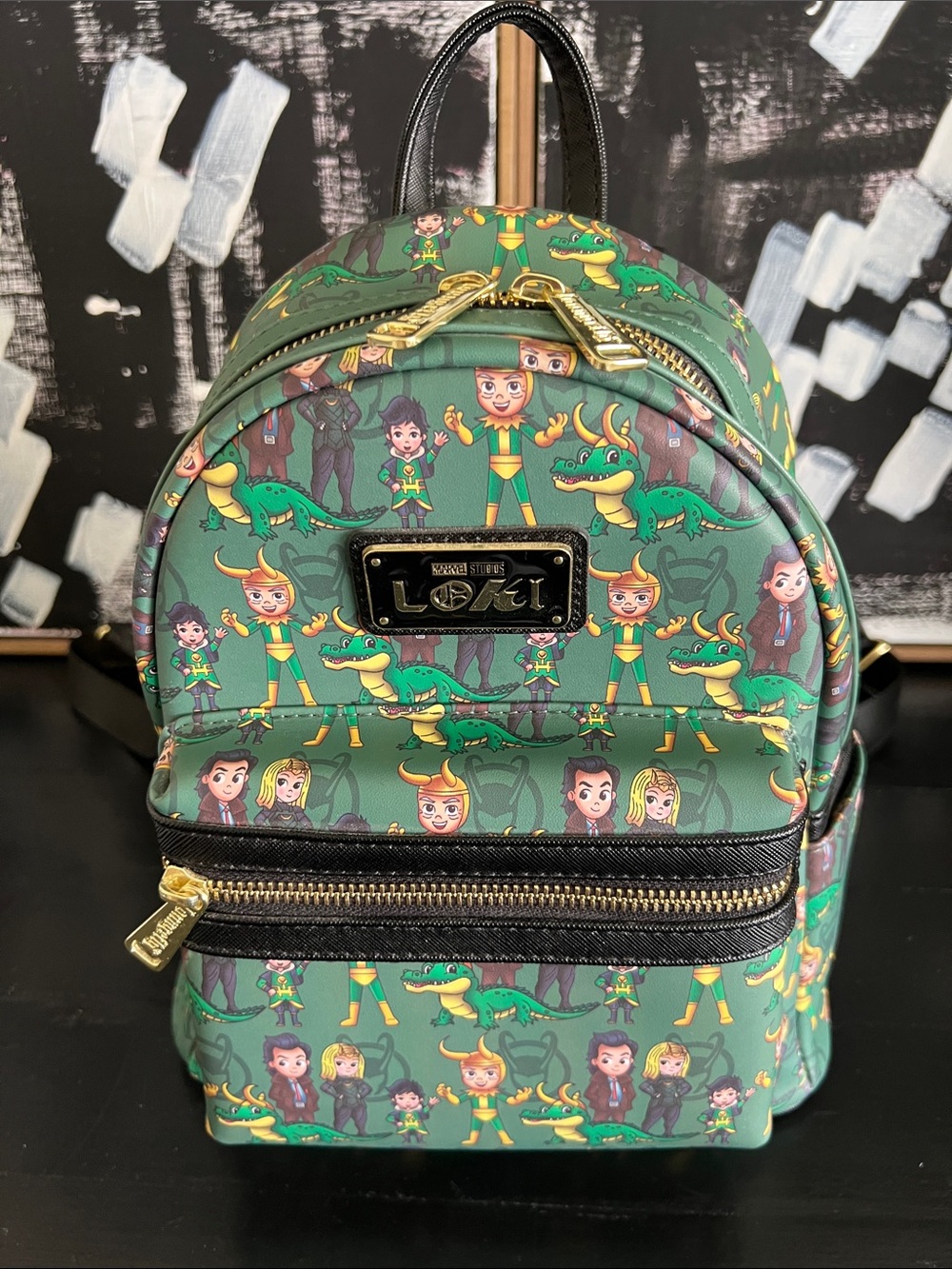 Loungefly Green Loki Chibi Character Mini Backpack with Gold Hardware